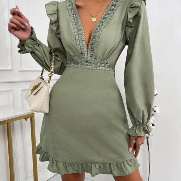 undefined Dresses & Skirts - Green Plunging Neckline Lace Ruffle Sleeve Mini Dress